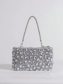 Shiny Rhinestone Evening Clutch Bag, Party Bag, Elegant Handbag For Evening Gown, Shoulder Crossbody Bag, Envelope Bag, Phone Bag, Lipstick Bag, Fashionable Bag - Silver - View 1
