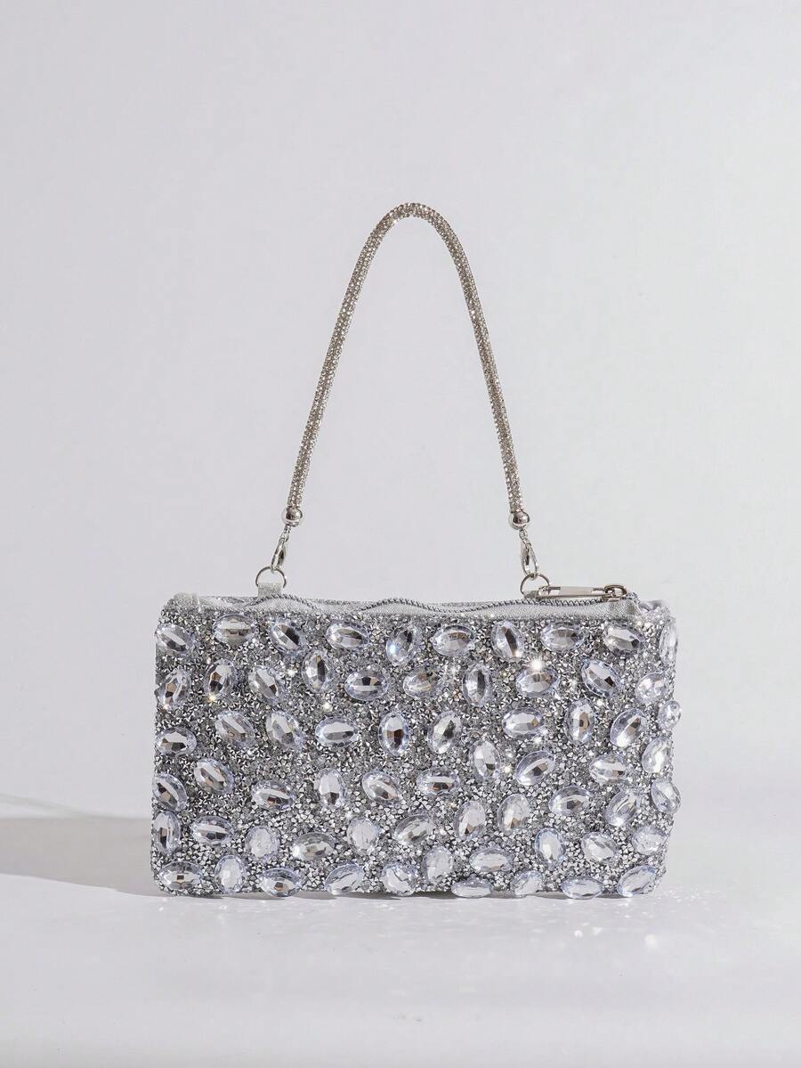 Shiny Rhinestone Evening Clutch Bag, Party Bag, Elegant Handbag For Evening Gown, Shoulder Crossbody Bag, Envelope Bag, Phone Bag, Lipstick Bag, Fashionable Bag - Silver - View 1