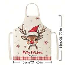 1pc Charming Christmas Theme Apron, Made Of Linen Material: It Features A Cute Reindeer Wearing A Christmas Hat, Accompanied By Snowflakes And "Merry Christmas" Text, Making It An Ideal Choice For Holiday Kitchen Decor - View 3