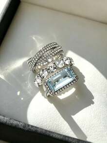 Luxury 3Pcs Stackable Ring Set Women Emerald Cut Aquamarine Color Cubic Zirconia Rings Bridal Engagement Wedding Rings Party Jewelry Gift For Ladies - Set - View 3