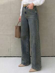 Vintage Grey Distressed Washed Mid-Waist Wide Leg Jeans For Women, Classic 5-Pocket Loose Drape American Retro Casual Denim Pants - Nostalgic Color - View 3