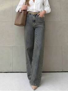 Vintage Grey Distressed Washed Mid-Waist Wide Leg Jeans For Women, Classic 5-Pocket Loose Drape American Retro Casual Denim Pants - Nostalgic Color - View 6