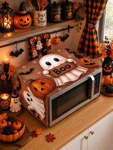1pc Halloween Decoration, Halloween Cat Ghost Pumpkin Microwave Dust Cover, Create Spooky Halloween Theme, Trick Or Treat, Halloween Party Supplies, Suitable For Kitchen Decor, 2026 Halloween Decoration, Christmas, New Year Decoration, Party Gift, Home Decor, - Halloween Cat Ghost Pumpkin - View 3