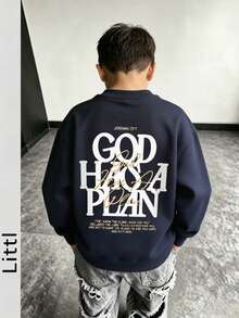 Boys GOD HAS A PLAN Slogan Back Print Hoodie, Casual Loose Pullover - Navy Blue - View 1