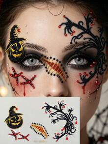 1pc Halloween Ghost Flame Poker Face Rhinestone Sticker, Self-Adhesive Glitter Red Skull Flame Spade Heart Diamond Club Rhinestone Face Decoration, Suitable For Halloween Cosplay, Demon Magician Costume Makeup - Multicolor - View 2