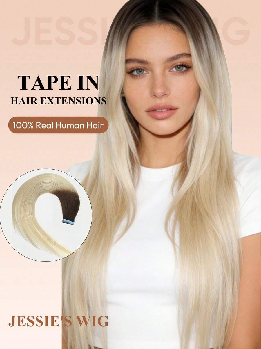 Jessie's Wig 20pcs 50g Tape In Hair Extension, 100% Real Remy Human Hair Extension For Salon Silky Seamless Invisible Skin Weft Tape Ins, For Thinning Hair Woman Natural Look Can Be Reused ,For Fine Or Thin Hair ,Add Volume & Length (19T613#) - S4/613 - View 1