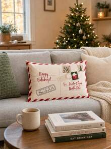 Happy Holiday Letter To Santa Decorative Throw Pillow, Cream Postcard Cushion, Suitable For Sofa Bed, Vintage Christmas Holiday Home Decor Accent - Multicolor - View 1