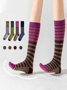 1/4 đôi tất bắp chân thời trang retro kẻ sọc, tất ống dài nhiều màu, tất slouch cao cổ tôn dáng chân thon gọn - Nhiều màu - Xem 1