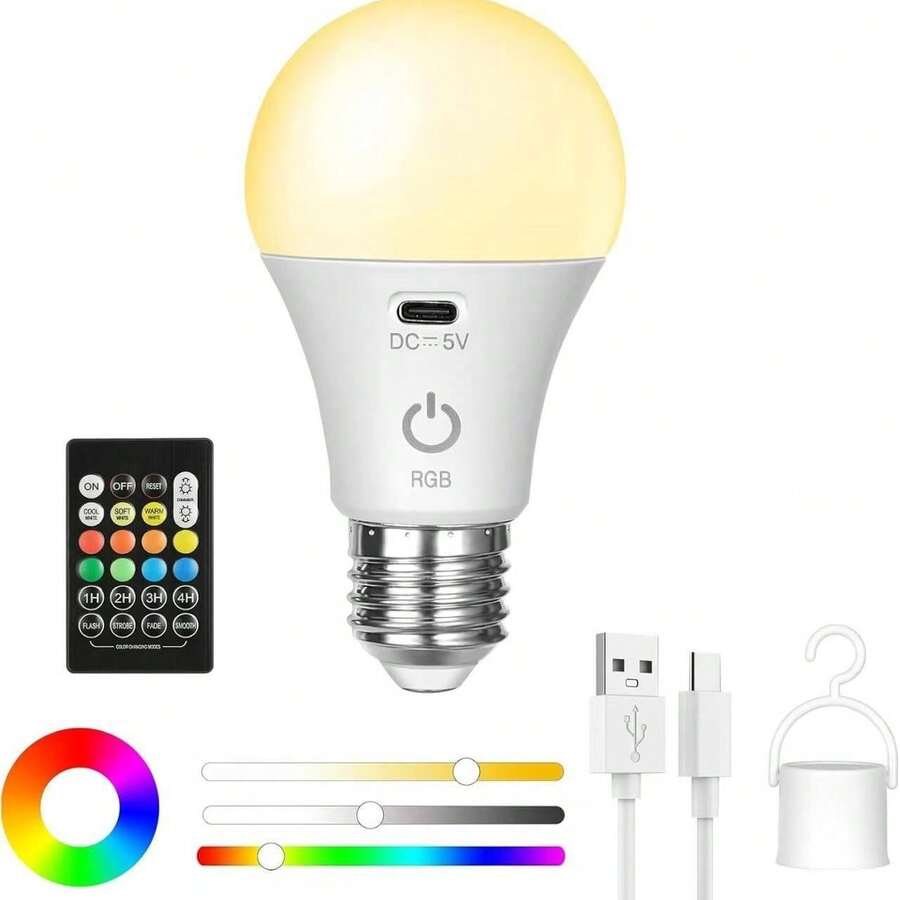 Rechargeable SMD LED Bulb RGB Color Type-C Charging Smart Dimming Remote Control E27 Base Wireless Battery Powered