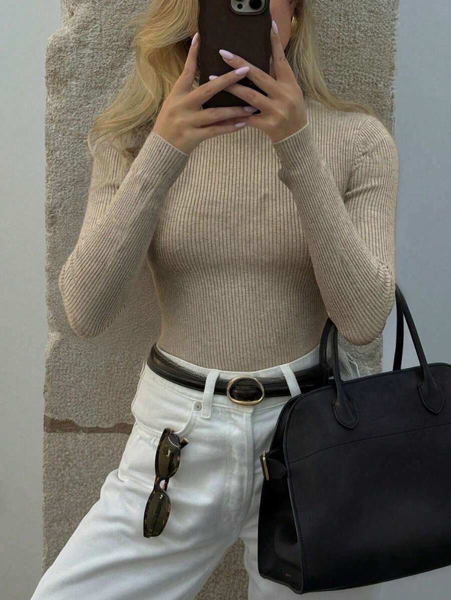 女款卡其色基本款長袖針織上衣,秋冬款 - 卡其色 - 查看 1
