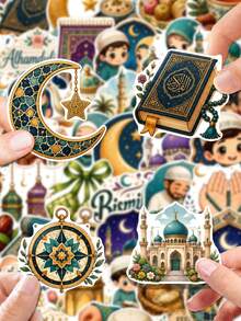 50Pcs Ramadan Fairy Tale Under Moonlight Stickers, Watercolor Fairy‑Tale Style Ramadan Characters And Cultural Ornament Illustrations, Gorgeous Gilded Retro Texture, Decorate For Journal, Water Bottle, Luggage, Phone Case, Storage Box - Multicolor - View 2