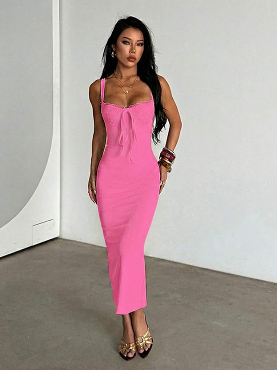 Magenta Women's Summer Dress, Fitted Lace Embroidered Halter Neck Dress With Slit, Suitable For Valentine's Day, Date, Party, Travel And Beach