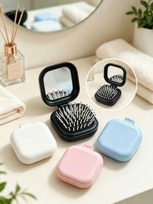 1pc New Colorful Square Folding Hair Brush With Mirror, Air Cushion Hair Comb In Pink/Blue/White/Black, Portable Travel Size, Easy To Comb Scalp, Solid Color Compact Square Styling Tool, Fits In Wallet/Pocket, Daily Use, Mini Hair Brush For Women And Girls - One Size - View 4