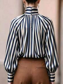 Elegant Women's Striped Print High Neck Lantern Sleeve Casual Versatile Blouse Shirt With Contrast Color Buttons For Office Spring Autumn - Blue - View 4