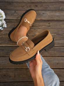 Preppy College Style Pure Metal Buckle Thick Sole Loafers Office Home Autumn Winter Shoes - Brown - View 2
