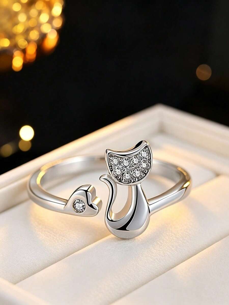1pc Cute Cat Shaped Rhinestone Adjustable Open Ring, Minimalist Versatile, Suitable For Daily Wear, Gift For Friends - Open Ring - View 1