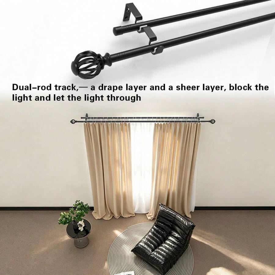 Black Double Curtain Rod With Hollow Ball Decoration, Dual Track Design For Hanging Blackout Curtains + Sheer Curtains Simultaneously, Adjustable Length, Universal Metal Double Layer Curtain Rod For Living Room Bedroom Floor-To-Ceiling Windows, Wall-Mounted Installation, Fits 1m, 2m, 3 Meters Windows, International Fashion Style