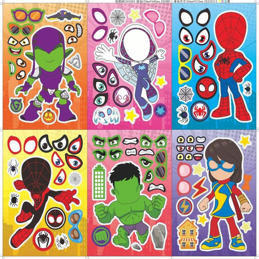 1set/6pcs Cartoon Superhero DIY Sticker Set, Mixed Face And Body Stickers, Fun Creative Craft Stickers, Perfect For Theme Parties, DIY Craft Projects, Scrapbooking, Events And Autumn Celebration Party Supplies - Multicolor - View 1