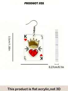 2D Flat Heart K Poker Card Dangle Earrings, Gold Crown Red Heart Acrylic Pendant Earrings, Creative Personalized Poker Card Jewelry, Valentine's Day Gift - King Of Hearts - View 4