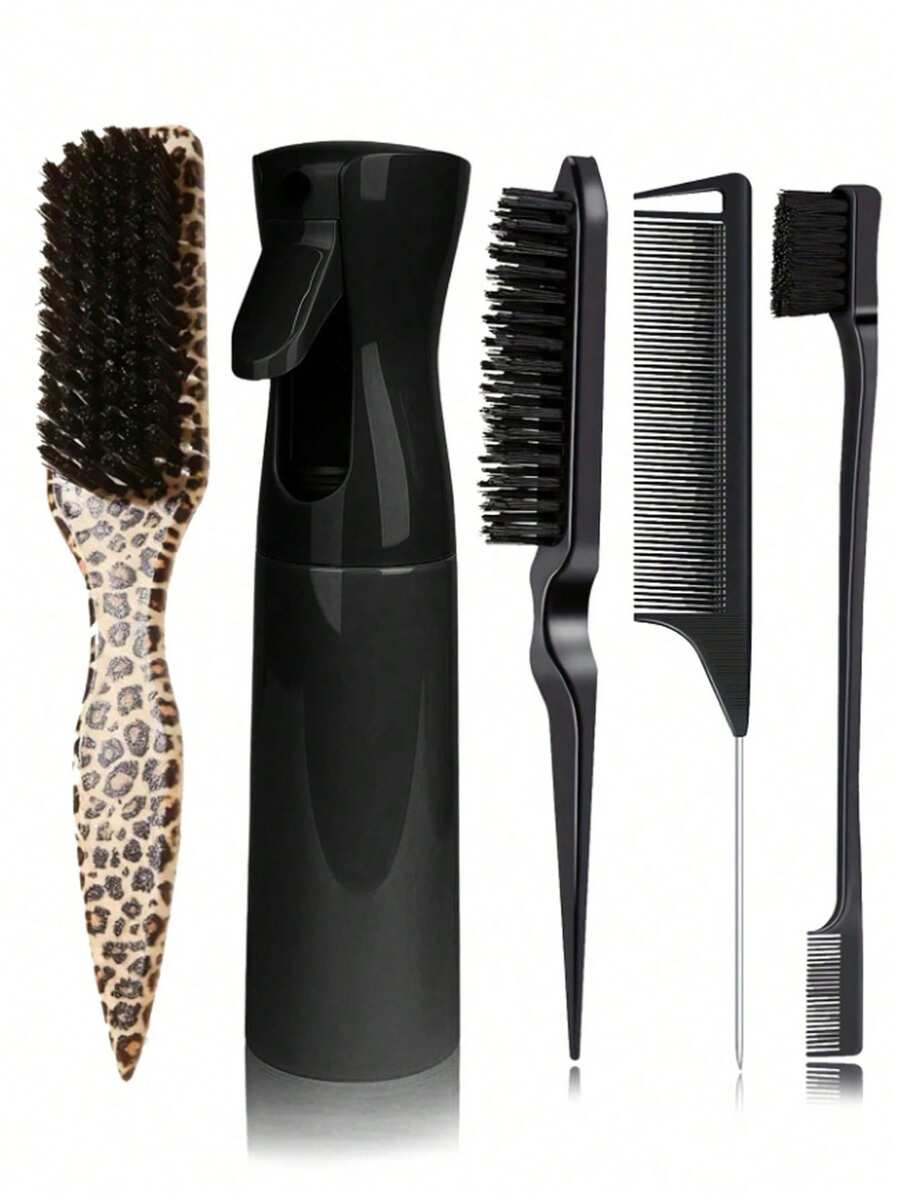 5pcs Leopard Print Tail Comb & Brush Set, Made Of Soft Bristles And ABS Material, Smooths Hair, Suitable For Home And Salon Hair Care & Styling, Travel Use - Multiple Specifications - View 1