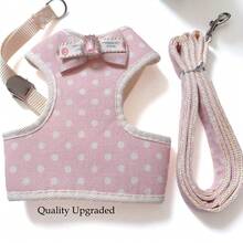 1 Set Cute Pet Harness & Leash Set, Pink Polka Dot Pet Harness & Leash Set With Gemstone Bowknot Decoration, Suitable For Cats And Dogs, Anti-Escape Pet Harness & Leash Set - Pink - View 8