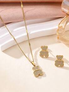 1 Set Stainless Steel Sweet Cool Style Full Rhinestone Teddy Bear Necklace & Earrings, Suitable For Women's Daily Wear And Girlfriend Gift - Gold - View 5
