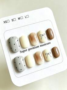 10pcs Pure Handmade Short Oval Multicolor Press On Nails, Korean Gentle Minimalist Style, Milk Coffee Gradient, Grey Polka Dots & Thin Black Bow Line Patterns For Women And Girls, Spring Summer Fall Winter Festivals Party And Daily Life Use - Multicolor - View 2