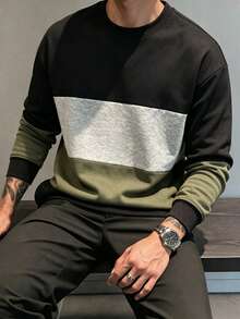 Men's Spring/Autumn Colorblock Pullover Sweatshirt, Regular Crew Neck Fit, Suitable For Daily Wear - Black - View 1