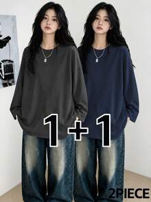 Women's Fashion Autumn/Winter Loose Minimalist Versatile Solid Color Long Sleeve T-Shirt 2pcs/Set - Dark Grey + Navy Blue - View 2