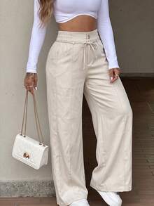 Women's Autumn Basic Drawstring Elastic Waist Wide Leg Pants, Suitable For Back To School, Church, Outings And Street Casual Bottoms - Apricot - View 1