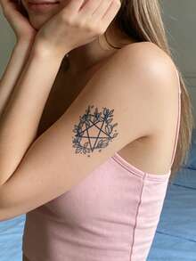 Herbal Juice Semi-Permanent Tattoo Sticker Mori Style Five-Pointed Star & Floral Wreath Pattern 14 Days No Fading Music Festival Party Gift Arm Back Waist Abdomen Body Temporary Tattoo Sticker 1pc/Pack - Blue - View 2