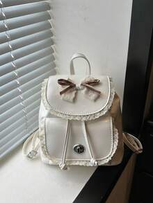 Autumn Delicate Lace Bowknot Double Shoulder Small Bag Sweet Ruffled Flap Drawstring Design PU Backpack For Girls Daily Outings - Multicolor - View 3