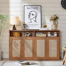 55 Inch Farmhouse Rattan Buffet Sideboard Cabinet With 4 Gold Tone Handles Adjustable Inner Shelves And Open Storage Shelf Dining Room Kitchen Living Room Hallway - Tea Brown - View 7