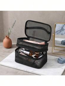 Double‑Layer Mesh Makeup Bag Portable Travel Cosmetic Organizer Large Capacity Toiletry Storage Pouch For Cosmetics Makeup Brushes - Multicolor - View 5