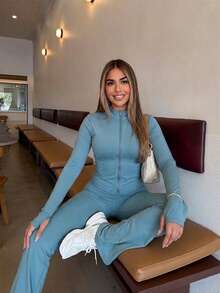Women's Solid Color Zipper Fitted Long Sleeve Top And Flared Pants Set, Suitable For Yoga, Daily Wear, Commuting And More - Green - View 4