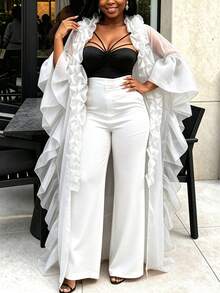 AOMEI Women's Sexy White Sheer Organza Ruffle Long Kimono Robe Flare Sleeve Irregular Hem Mesh Cover Up Open Front African Party Outerwear - White - View 4