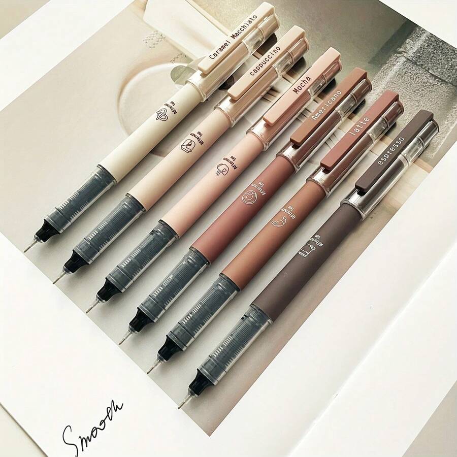 6pcs Coffee Theme Liquid Quick-Drying Ink Gel Pens, No Smear Soft Touch Pens For Note Taking Drawing School& Office Supplies - A - View 1
