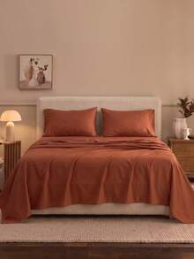 4pcs Solid Rust Red Fitted Sheet Set (1 Fitted Sheet + 1 Flat Sheet + 2 Pillowcases), Simple And Versatile Design Made Of Skin-Friendly Polyester Fabric In Classic Minimalist Style. Perfect For Master Bedrooms, Guest Rooms And Secondary Bedrooms - Multicolor - View 4