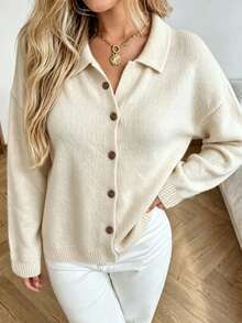 Plus Size Solid Color Casual Button-Up Collared Knit Long Sleeve Cardigan - Apricot - View 4