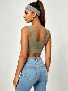 Seamless Mesh Sports Bra For Women, V Neck Medium Support Workout Bra, Breathable Hollow Out Athletic Crop Top For Gym Daily Wear - Green - View 2