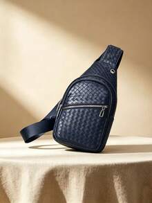 Men's Woven Sling Bag, PU Leather Crossbody Chest Backpack, Casual Shoulder Bag For Daily Travel Business Outdoor - Blue - View 1
