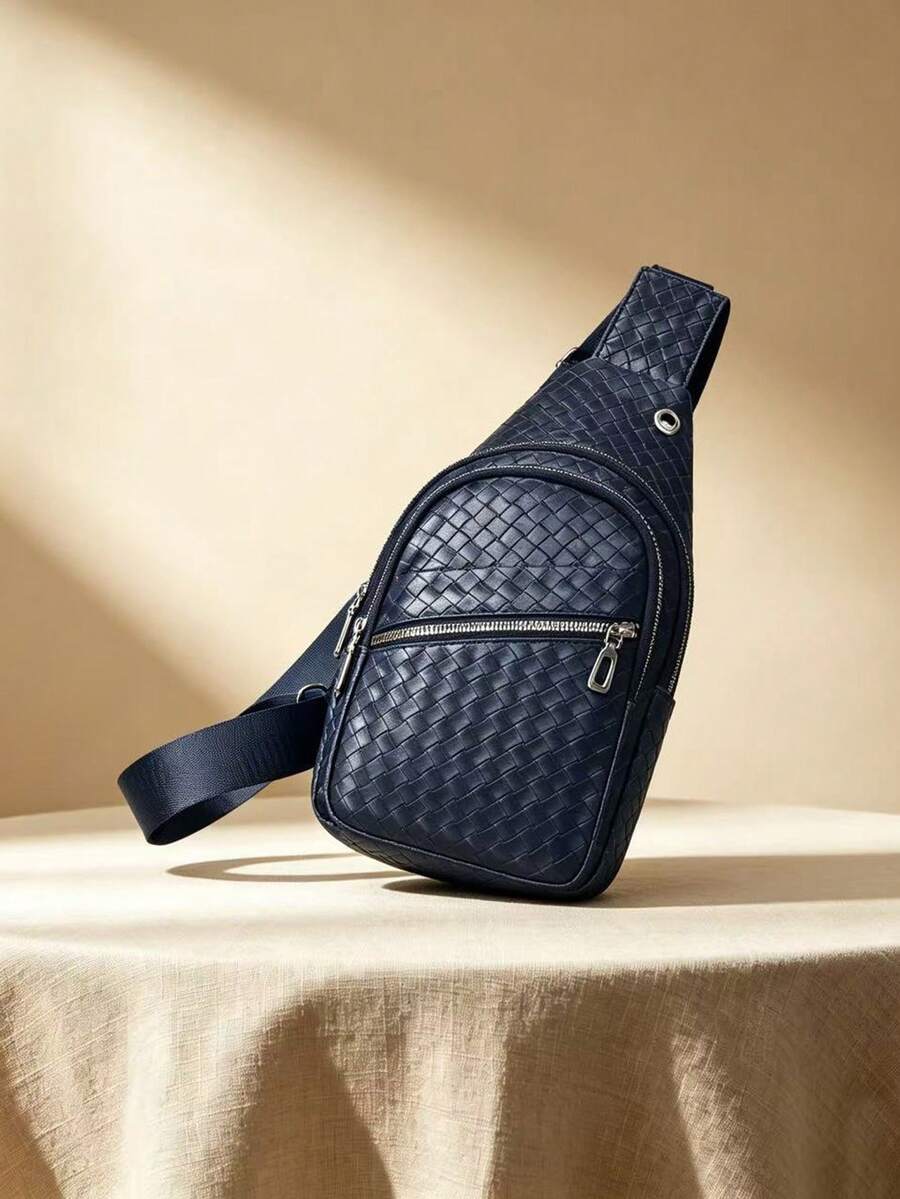 Men's Woven Sling Bag, PU Leather Crossbody Chest Backpack, Casual Shoulder Bag For Daily Travel Business Outdoor - Blue - View 1