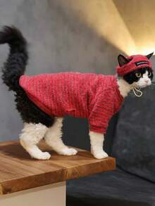 1pc Pet Cat Clothes Autumn/Winter Warm Fleece Two-Legged Outfit For Devon Rex Hairless Cat, Siamese Cat, Cute Striped Home Wear, New Warm Two-Legged Cat Clothes - Red - View 10