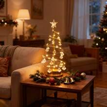 Pohon Natal Logam Elegan Berdiri Bebas dengan Lampu Putih Hangat, Dekorasi Kristal, Alas Kokoh, Beroperasi dengan Baterai, Mudah Dirakit, Dekorasi Perayaan Liburan Luar Ruangan - Lampu malam pohon Natal - View 2