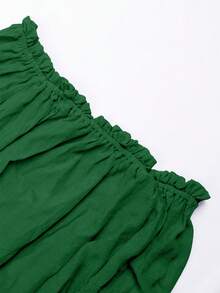 Plus Size Women's Solid Color Off Shoulder Flare Sleeve Pleated Blouse - Dark Green - View 5
