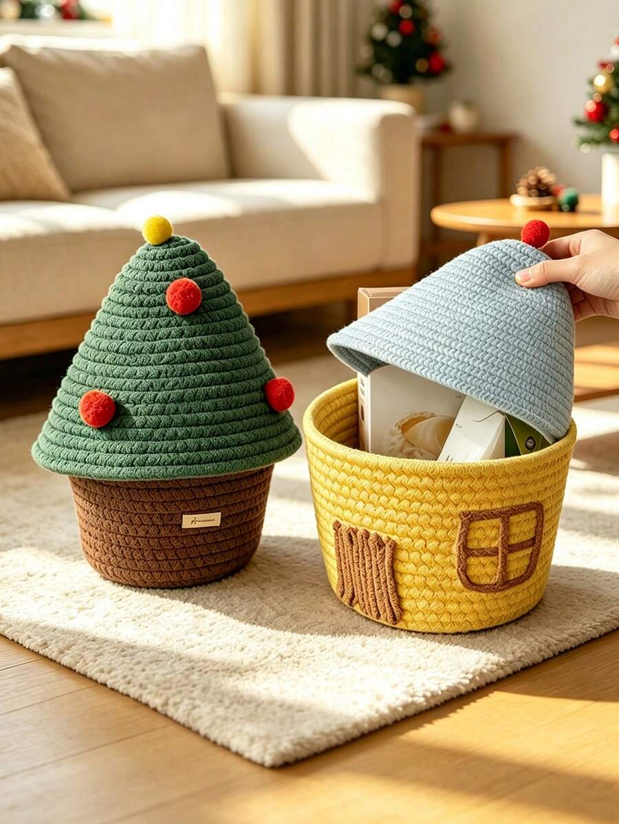 1pc Tree & House Pattern Knitted Storage Basket, Cute Country Style Woven Cotton Round, With Pom Pom And Embroidery Details, Multi-Functional Desktop Storage Bin, Suitable For Christmas Home Living Room Bedroom Decor, All Season Holiday Gift - Multicolor - View 1