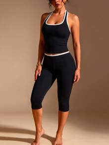 XLLAIS Ribbed Contrast Trim Halter Sports Backless Top & Capri Leggings Workout 2 Pieces Set, Women Activewear Outfit For Gym Yoga - Black - View 3