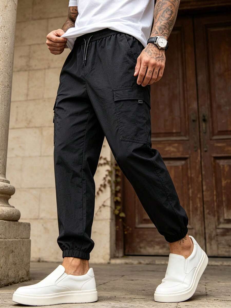 Men's Spring/Autumn New Elastic Waist Drawstring Fashion Casual Multi-Pocket Cargo Pants - Black - View 1