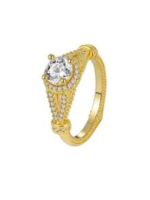 Charm-In 18K Gold Plated Vintage Style Halo Ring | Round Cut Cubic Zirconia Solitaire With Split Shank | Perfect For Engagement And Promise Gifts - Gold - View 10