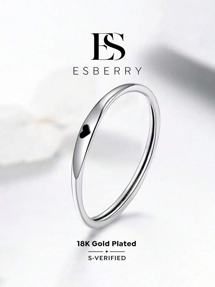 ESBERRY 1pc Black Heart Minimalist Ring, S925 Sterling Silver Platinum Color Jewelry, Delicate Daily Wear Gift - Silver - View 1